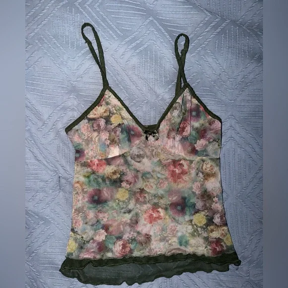 Y2k Floral Sheer V-Neck Cami Tank Top - Green Trim - Picture 2 of 6